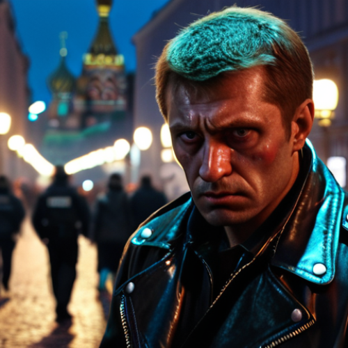 Home 23 **
A gritty, neon-lit street scene in a modern city (like Moscow or St. Petersburg) at night. Focus on a corrupt police officer in a leather jacket, looking conflicted and stressed. In the background, blurred figures suggest organized crime and political intrigue. The overall mood should be dark and atmospheric, reflecting themes of corruption and moral compromise.
**