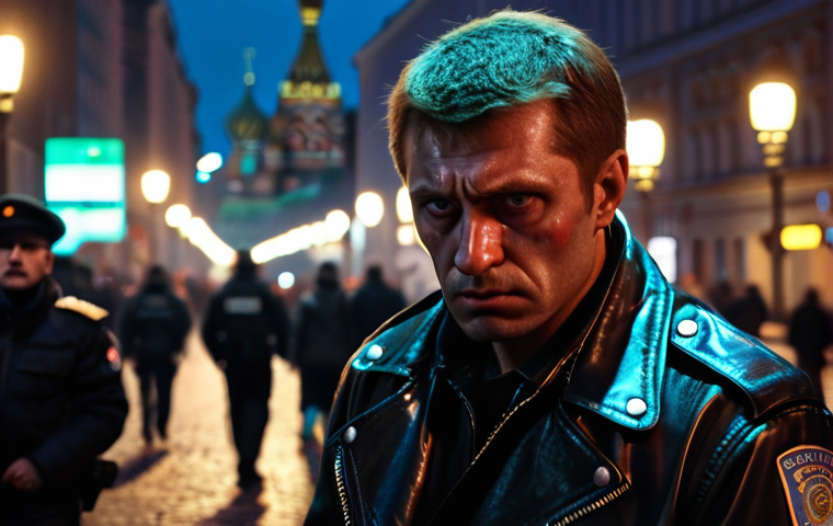 **

A gritty, neon-lit street scene in a modern city (like Moscow or St. Petersburg) at night. Focus on a corrupt police officer in a leather jacket, looking conflicted and stressed. In the background, blurred figures suggest organized crime and political intrigue. The overall mood should be dark and atmospheric, reflecting themes of corruption and moral compromise.

**