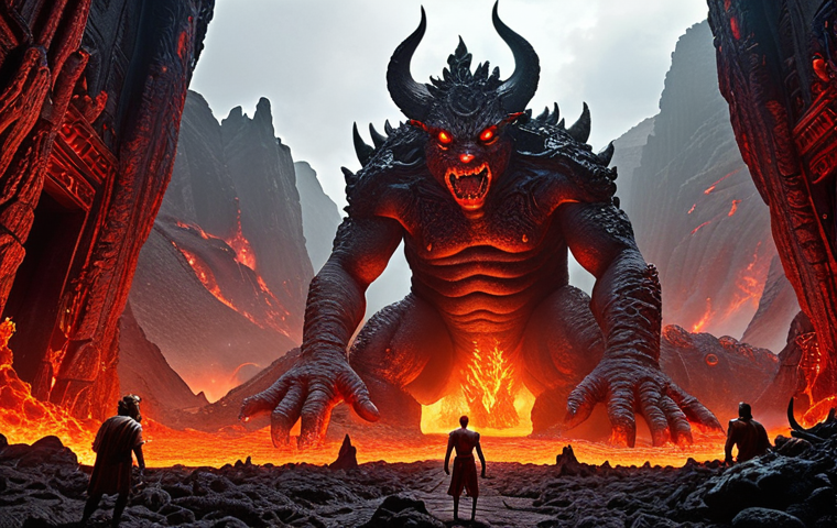 ** A visually stunning depiction of Hell, filled with lava, giant monsters, and impressive special effects, as seen in the first "Along With the Gods" movie. Focus on the scale and spectacle.

**