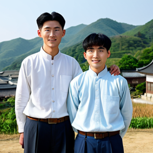 Home 21 A professional photograph capturing two young Korean men, brothers, standing close in a respectful and modest pose. They are fully clothed in simple, appropriate civilian attire, reflecting a peaceful, pre-conflict era. The background shows a tranquil Korean rural landscape with gentle hills and traditional houses under a clear sky, emphasizing family bonds and a sense of calm. The subjects display perfect anatomy, correct proportions, and a natural pose, with well-formed hands and proper finger count. This image is safe for work, appropriate content, fully clothed, and family-friendly.