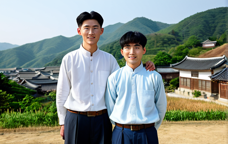 A professional photograph capturing two young Korean men, brothers, standing close in a respectful and modest pose. They are fully clothed in simple, appropriate civilian attire, reflecting a peaceful, pre-conflict era. The background shows a tranquil Korean rural landscape with gentle hills and traditional houses under a clear sky, emphasizing family bonds and a sense of calm. The subjects display perfect anatomy, correct proportions, and a natural pose, with well-formed hands and proper finger count. This image is safe for work, appropriate content, fully clothed, and family-friendly.