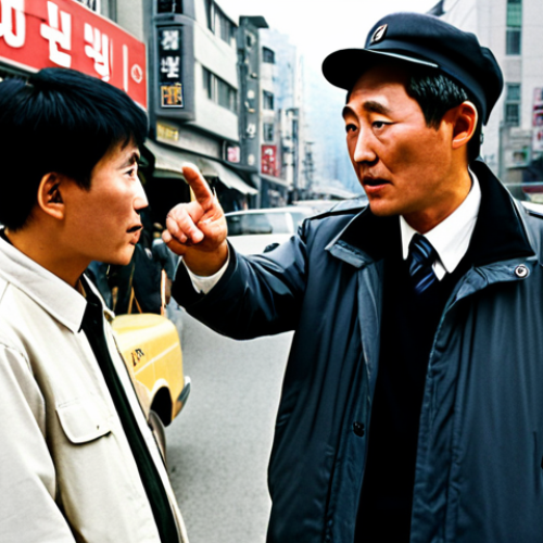 Home 9 Jurgen Hinzpeter & the Taxi Driver**
A determined German journalist (Peter), fully clothed in practical attire, interviewing a humble Korean taxi driver (Kim Man-sob) on a bustling street in 1980s South Korea. The background shows a mixture of old buildings and concerned-looking locals. The scene should evoke a sense of urgency and hidden danger. Fully clothed, appropriate attire, safe for work, professional, correct proportions, natural pose, well-formed hands, proper finger count.
**