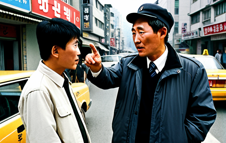 Jurgen Hinzpeter & the Taxi Driver**
A determined German journalist (Peter), fully clothed in practical attire, interviewing a humble Korean taxi driver (Kim Man-sob) on a bustling street in 1980s South Korea. The background shows a mixture of old buildings and concerned-looking locals. The scene should evoke a sense of urgency and hidden danger. Fully clothed, appropriate attire, safe for work, professional, correct proportions, natural pose, well-formed hands, proper finger count.
**