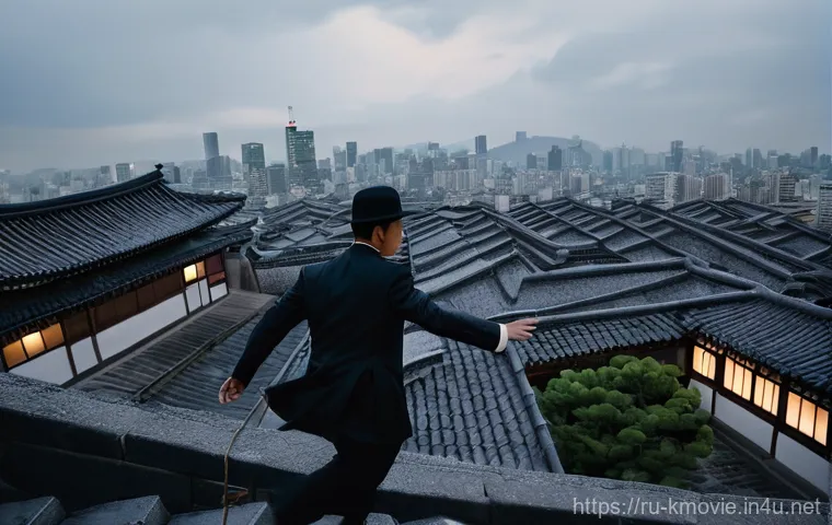 밀정  평점 및 관객수 - A dynamic, high-angle shot of a pursuit across the tiled rooftops of 1920s colonial-era Seoul. A fig...
