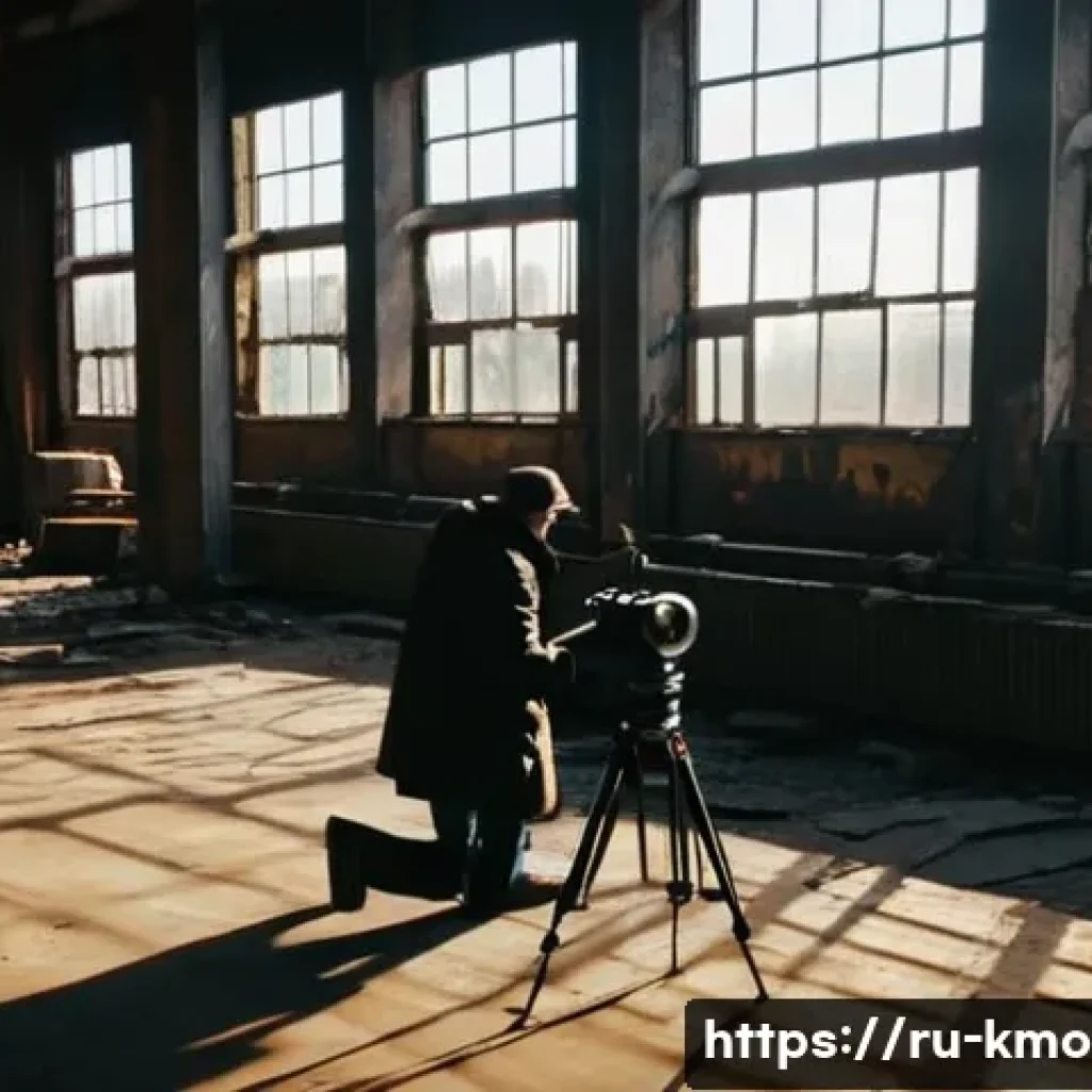 영화 제작 비하인드 스토리 - A moody abandoned factory on the outskirts of Saint Petersburg during golden hour, with soft warm su...