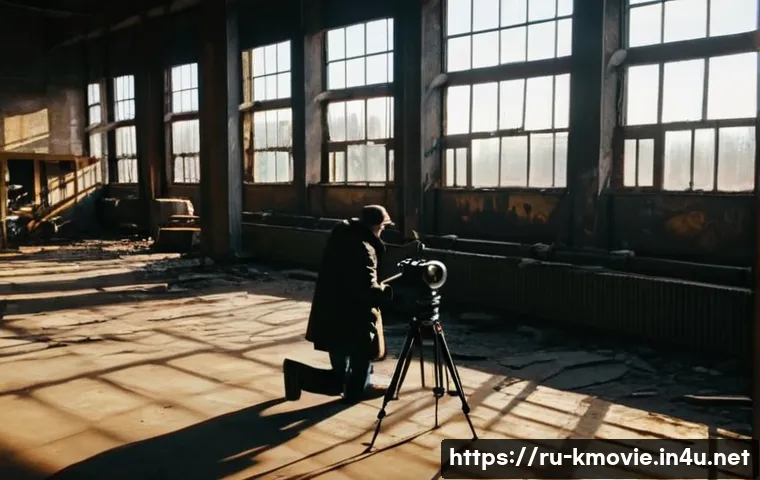 영화 제작 비하인드 스토리 - A moody abandoned factory on the outskirts of Saint Petersburg during golden hour, with soft warm su...