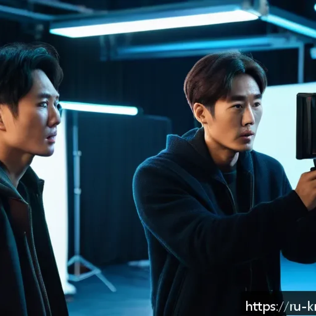 이병헌과 조승우의 연기 대결 - A dynamic film set scene featuring two Korean actors preparing for a dramatic shoot: one actor embod...