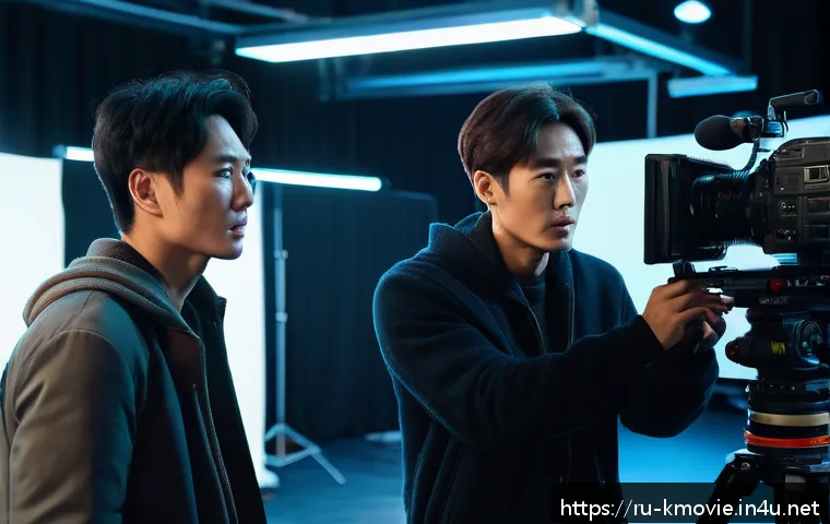 이병헌과 조승우의 연기 대결 - A dynamic film set scene featuring two Korean actors preparing for a dramatic shoot: one actor embod...
