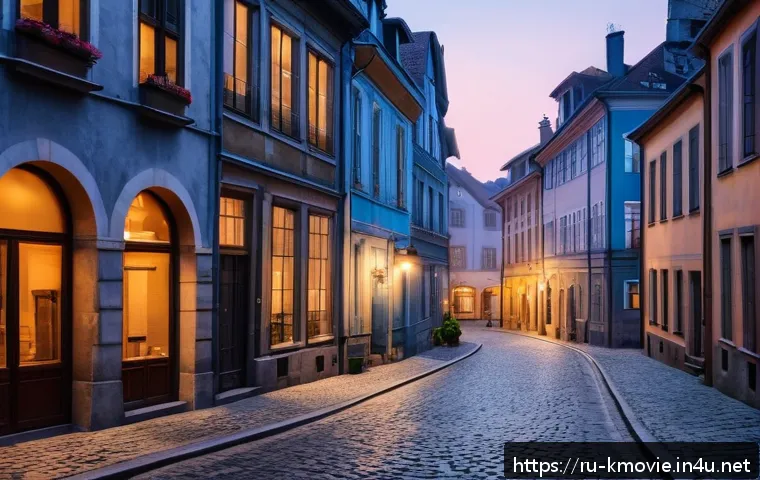영화 헌트 촬영지와 배경 - A narrow cobblestone street in a historic European city center during the 1980s, lined with old buil...