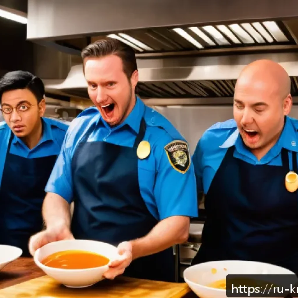 영화 극한직업 명장면과 명대사 - A lively scene inside a bustling restaurant kitchen where a diverse team of undercover police office...