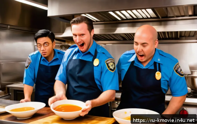 영화 극한직업 명장면과 명대사 - A lively scene inside a bustling restaurant kitchen where a diverse team of undercover police office...