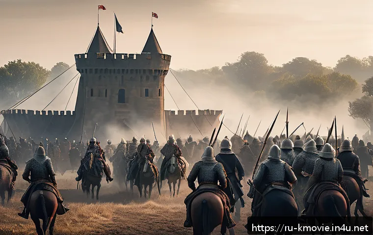 명량 의 후속작 한산 정보 - A detailed, cinematic scene of a vast medieval battlefield at dawn, featuring historically accurate ...