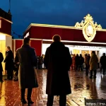 부산국제영화제 상영작 소개 - Photorealistic evening scene outside a grand historic cinema in Moscow during an international film ...