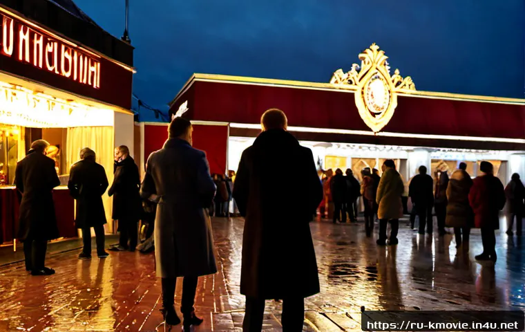 부산국제영화제 상영작 소개 - Photorealistic evening scene outside a grand historic cinema in Moscow during an international film ...