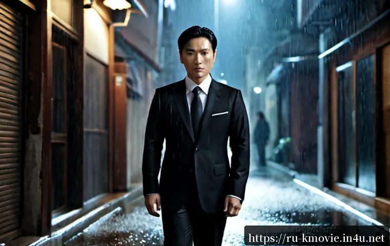 Home 17 이정재의 대표 영화 소개 - Photorealistic cinematic portrait of a charismatic Korean male film star in a tailored dark suit, st...