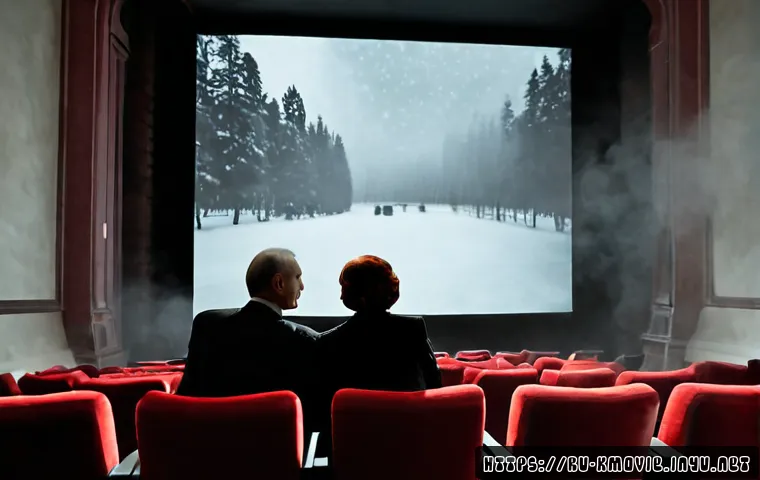 Home 17 한국 영화 고전 명작 - Photorealistic scene of an elegant Russian arthouse cinema interior, a middle-aged couple seated in ...