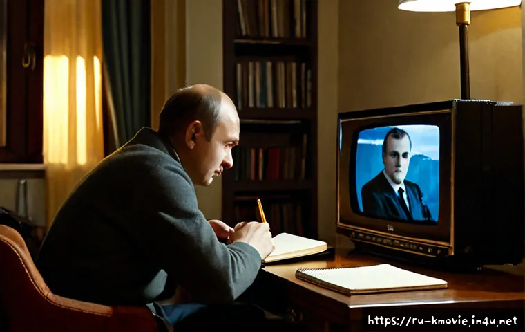 영화  암살  평론가 평점 - Photorealistic Russian film critic in a cozy Moscow apartment, thoughtfully watching a historical es...